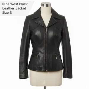 Genuine Leather Black Jacket Adjustable Buckles Zippered Pockets Moto Nine West